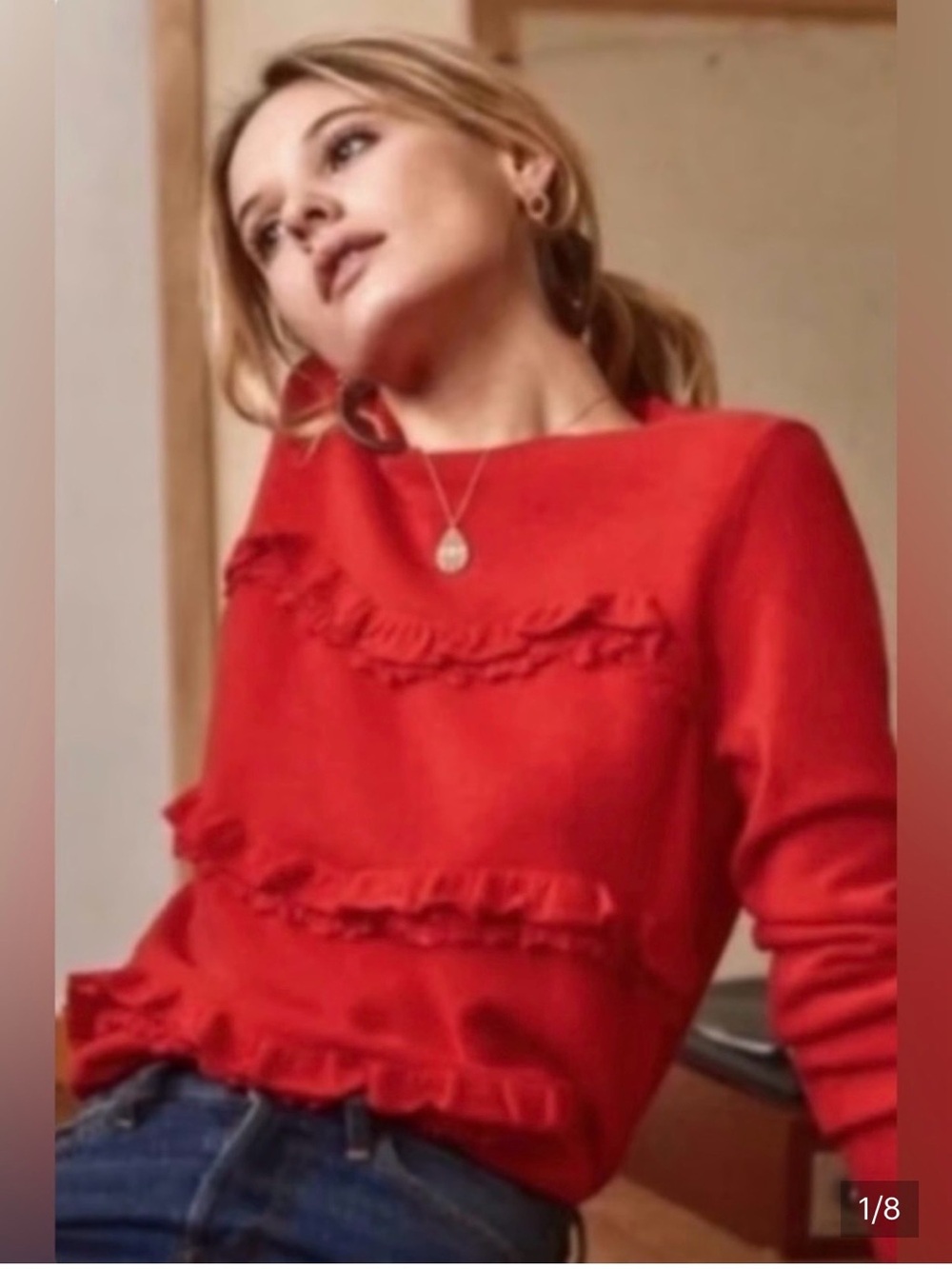 Sezane Andreas Red Ruffle-Trim cashmere/wool Women's Sweater